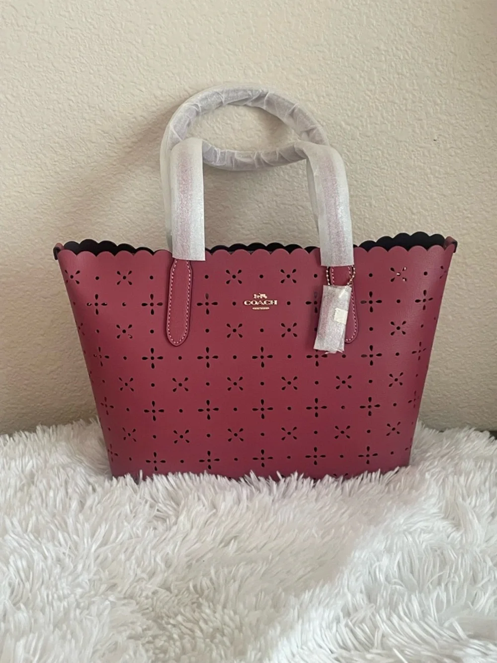Coach Rose-Red Laser Cut Scalloped Edge Mini City Tote - Picture 2 of 16